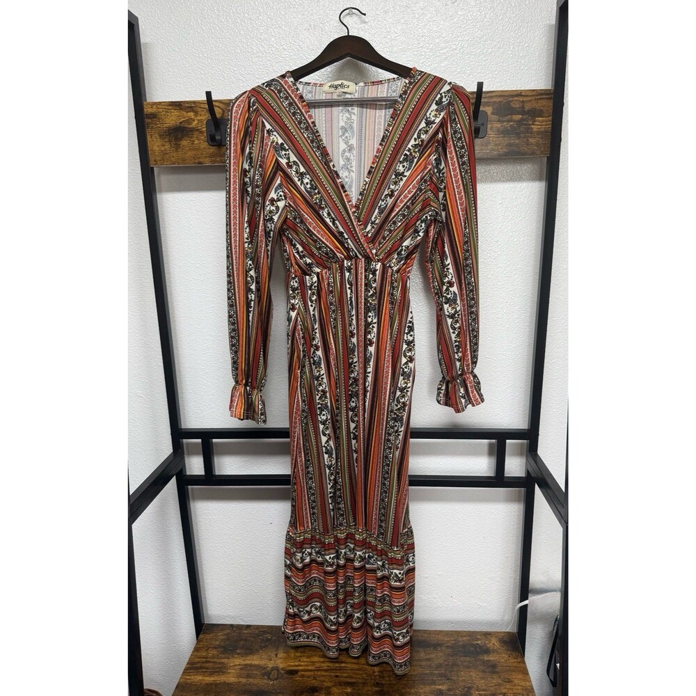 Women’s Rust Olive Boho Stripe SURPLICE Bubble Sleeve Midi Dress Small